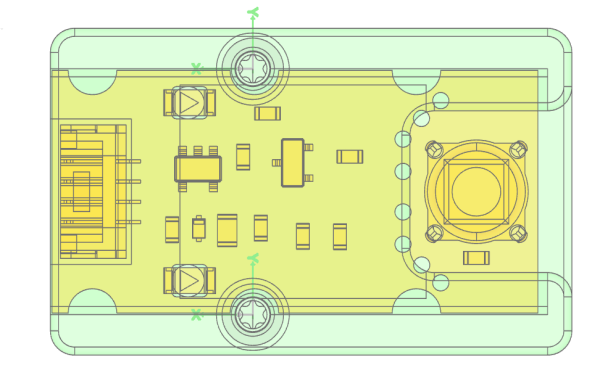 ThunderFly module in enclosure, top view, with screws